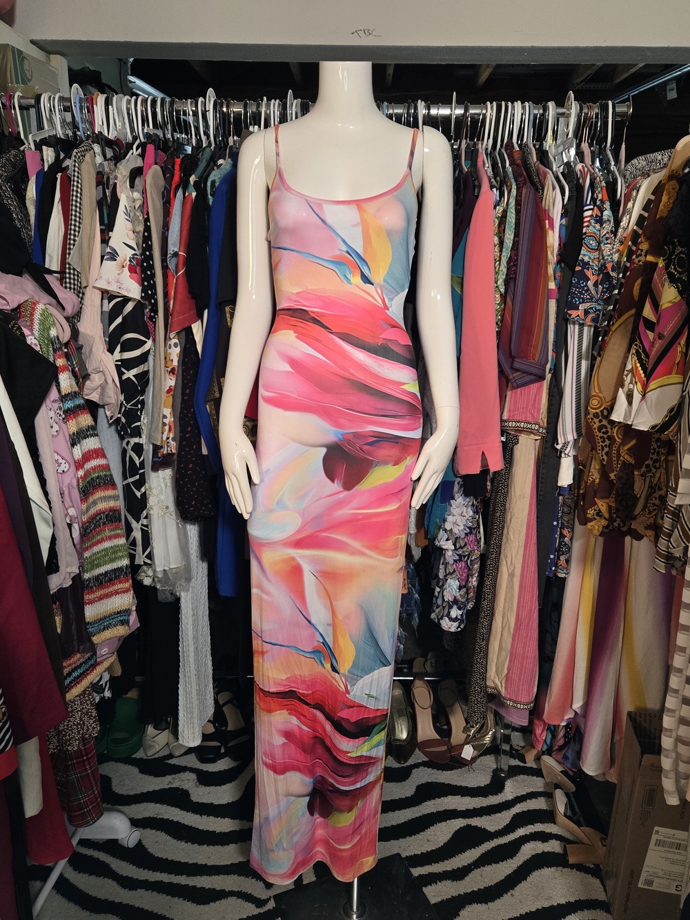 Multicolor Abstract Slip Maxi Dress with Spaghetti Straps
